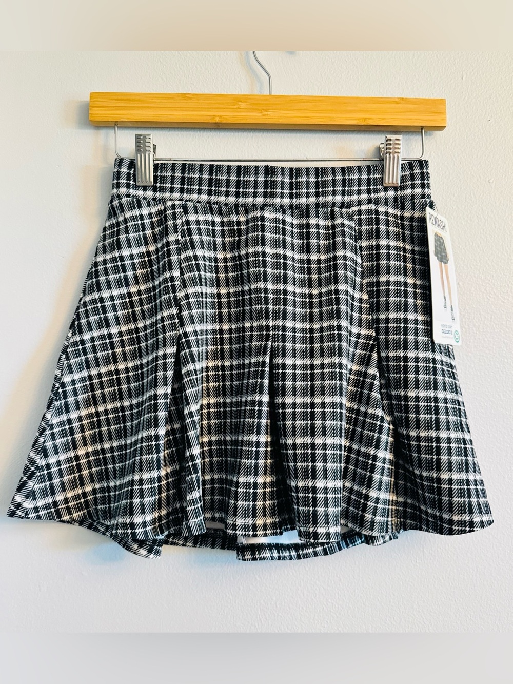 NWT Rewash Plaid Mini Skirt Black White Circle Skater Lined XS